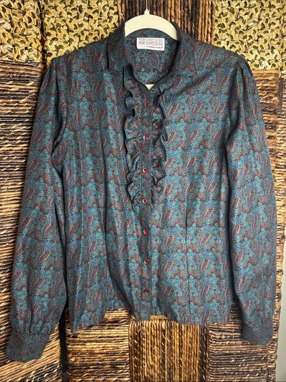 Bobbie Brooks Teal and Burgundy Paisley Ruffle Button-Down Shirt